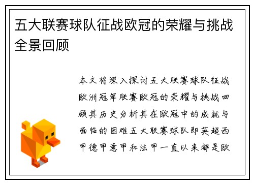 五大联赛球队征战欧冠的荣耀与挑战全景回顾