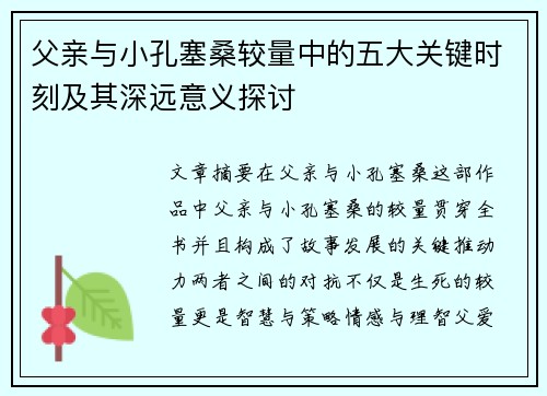 父亲与小孔塞桑较量中的五大关键时刻及其深远意义探讨